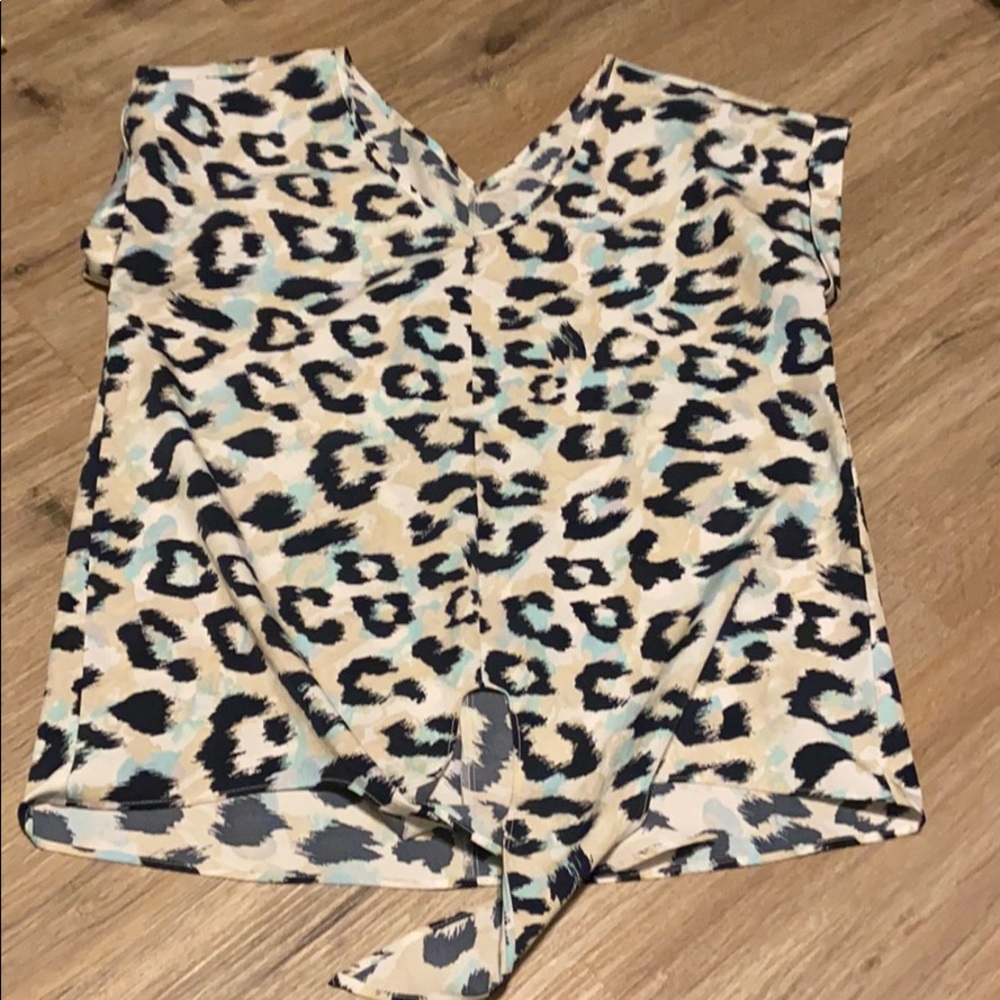 Leopard print v neck tie front blouse